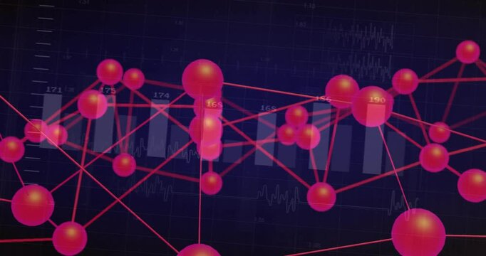 Red sphere network emerging and rotating to show data growth with bar chart and waveform traces - Powered by Adobe