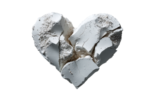Cracked white heart sculpture on transparent background