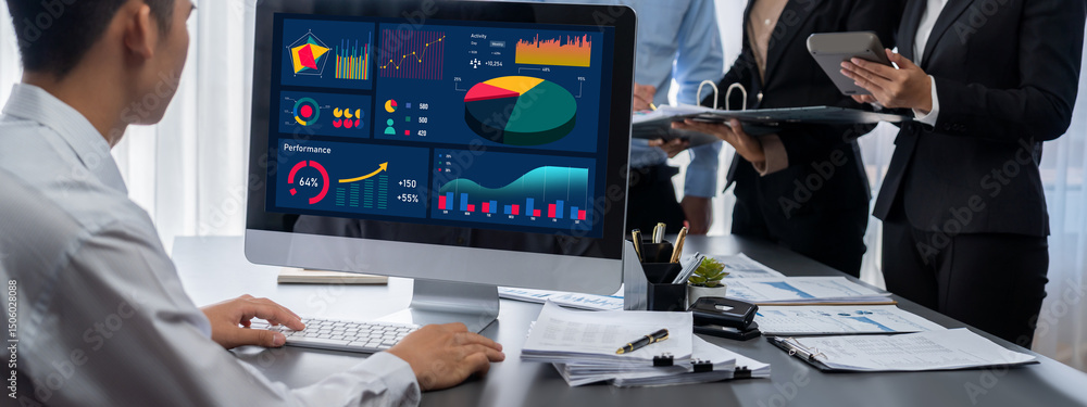 Aufkleber business intelligence and data analysis concept. analyst team working on financial data analysis das