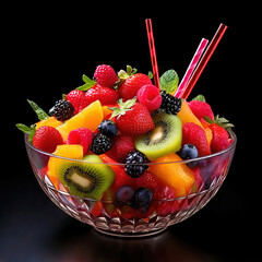 Fruit salad with berries isolated over black background