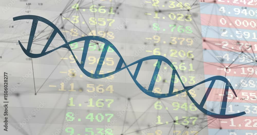 Poster animating blue dna helix over data shifting left scrolling numbers net pulsing showing data flow