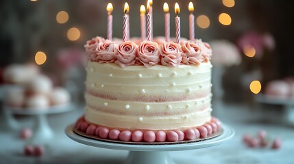 A beautiful, pink birthday cake with delicate frosting.