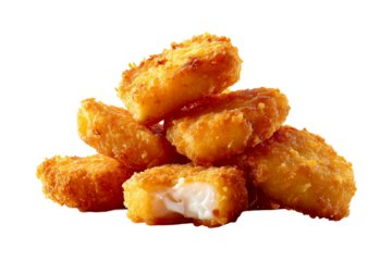 Crispy golden chicken nuggets stacked on transparent background