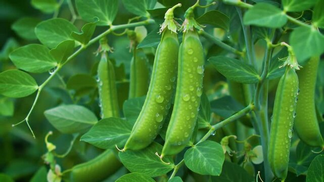 Fresh Pea Pods With Water Droplets Growing In Garden