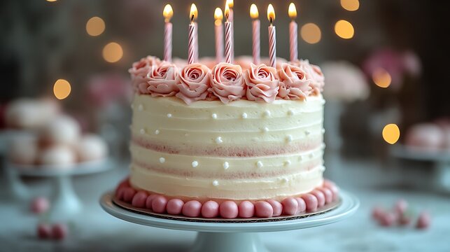 A beautiful, pink birthday cake with delicate frosting.