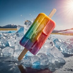 A pastel rainbow popsicle melting slowly into the crushed ice under a hot sun.