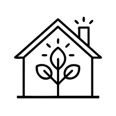 House with growing plant and rays icon in line art style
