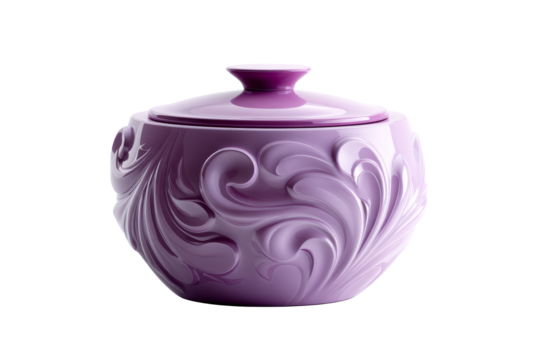 Decorative purple bowl with intricate floral design and lid