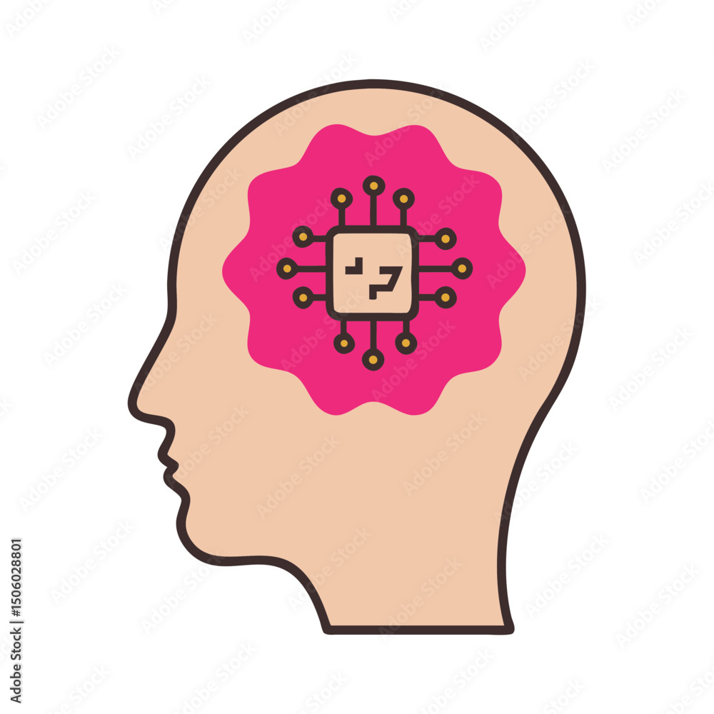 Poster human head with microchip brain in pink neural circuit style