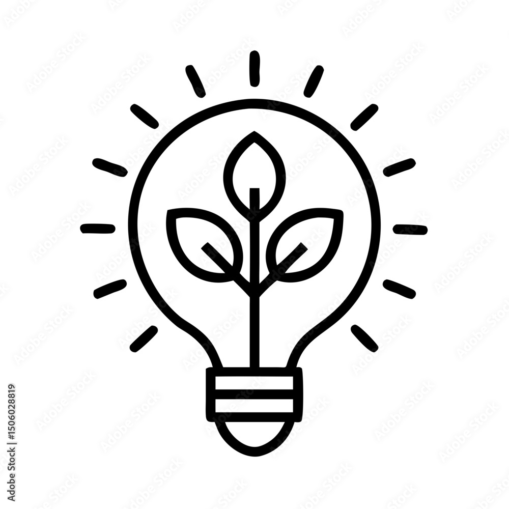 Poster light bulb with sprouting leaves and rays in outline style