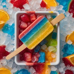 A rainbow popsicle surrounded by crushed ice in a colorful summer drink tray.
