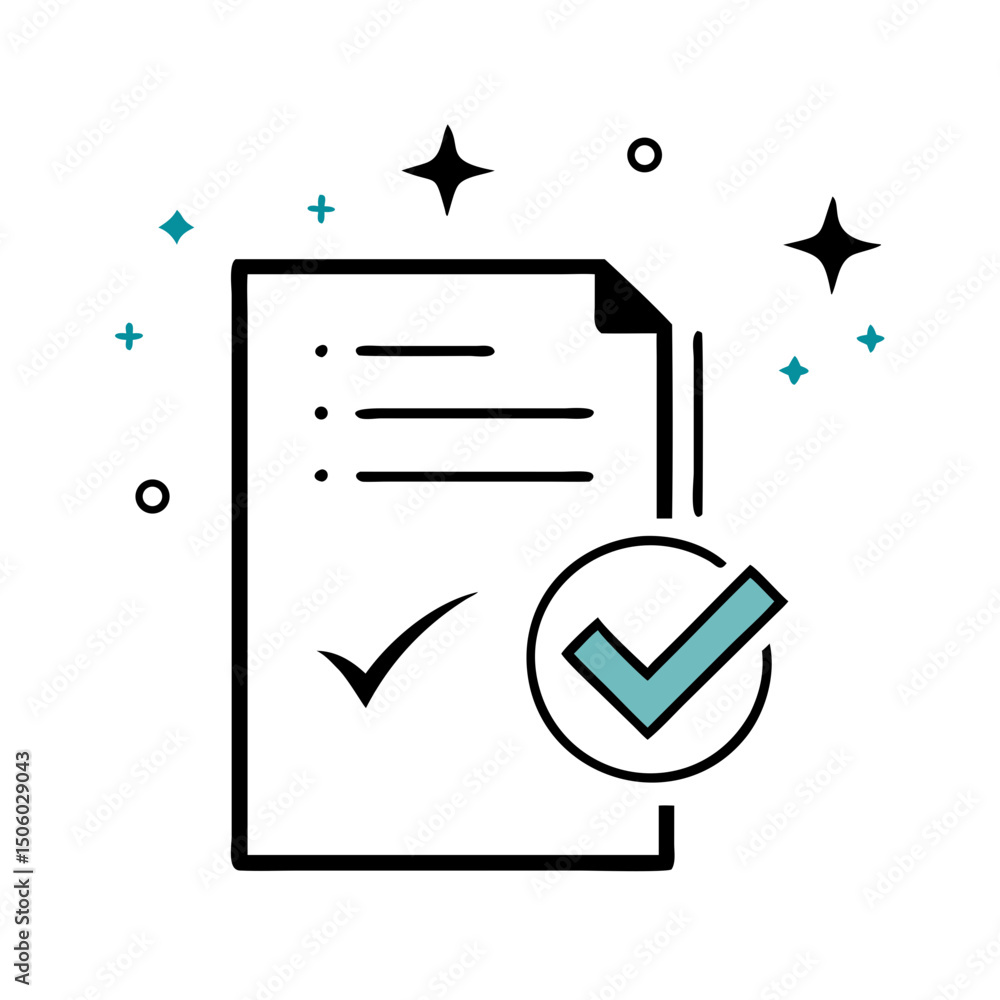 Poster paper sheet with check mark and sparkles in modern outline style