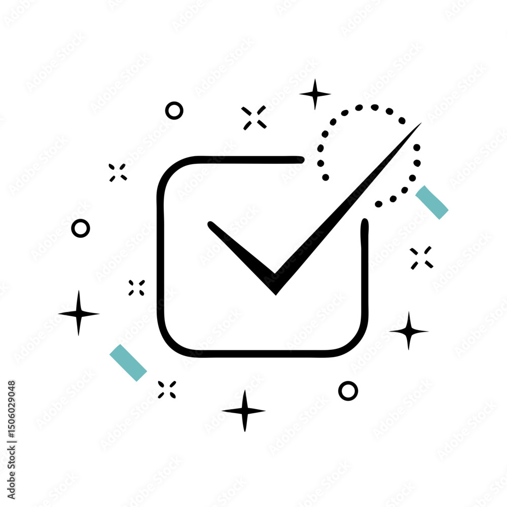 Poster abstract check mark icon inside outlined square with spark elements