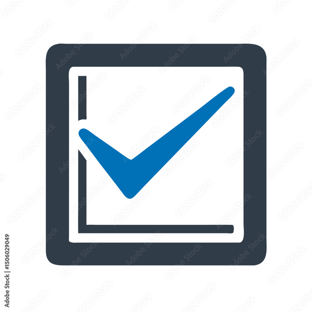 Poster blue check mark in dark square frame icon with corner highlight