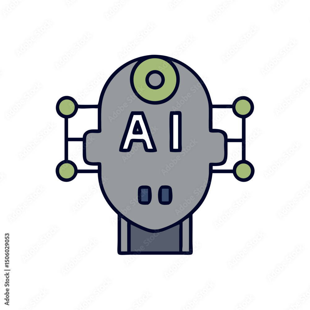 Poster robot head with ai text and circuit arms in modern design