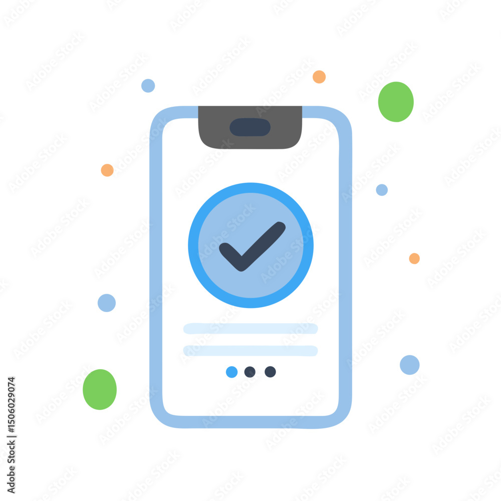 Poster smartphone screen with blue check mark and floating shapes