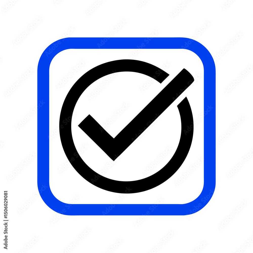 Poster black check mark in circular icon with rounded blue square outline