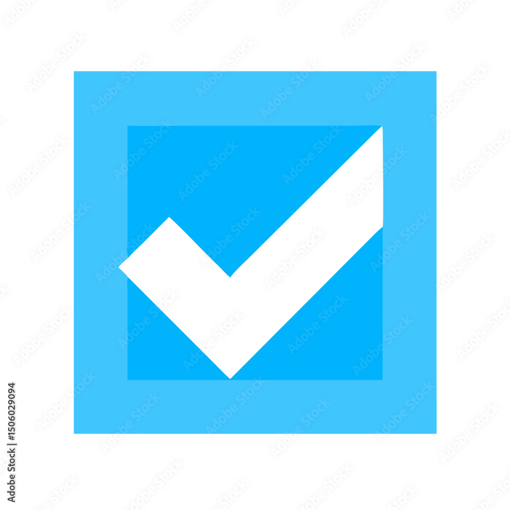 Poster blue check mark in white square icon with sharp corners