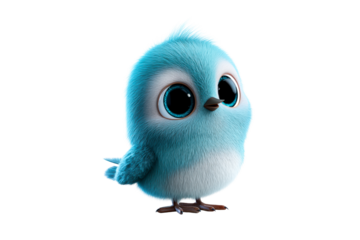 Cute blue cartoon bird with large eyes on a transparent background