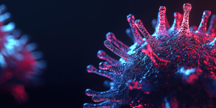 Close-up of a glowing virus particle in neon colors, high detail micro world illustration