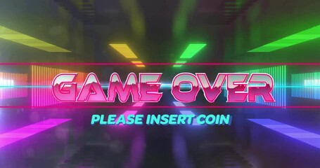 Opening pulsing neon bars starting GAME OVER, PLEASE INSERT COIN appearing urging coin insertion - Powered by Adobe