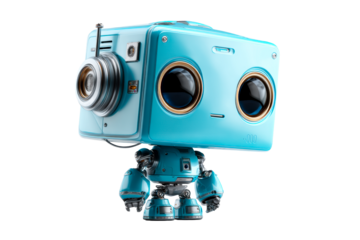 Vibrant blue camera robot on transparent background
