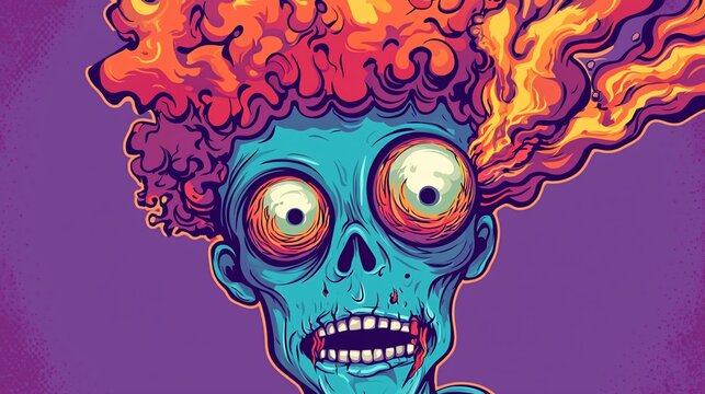 Zombie with Wild Hair A Colorful Horror Illustration