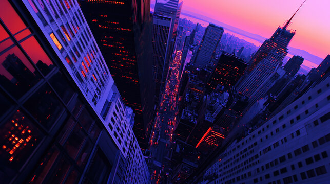 Tilted cityscape of skyscrapers with glowing lights at sunset, futuristic urban night in purple neon tones
