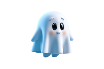 Smiling cartoon ghost character with large expressive eyes