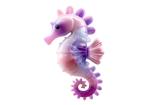 This vibrant seahorse features a gradient of pink and purple hues