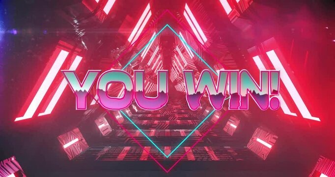 Perspective shot starting YOU WIN text fading and cyan diamond animating tunnel celebrating victory