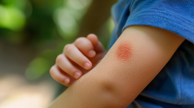 Red swollen insect bite on toddler's forearm outdoors