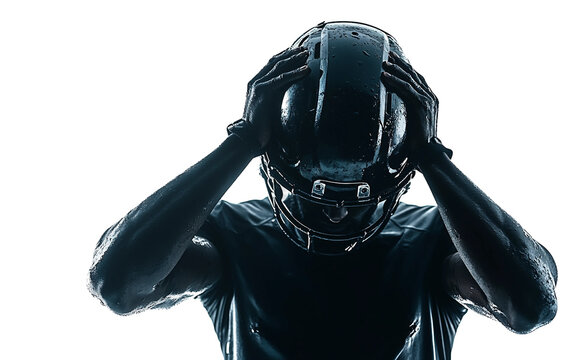 Athlete securing helmet strap prior to football training session on the field Isolated on Transparent Background PNG