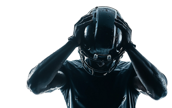 Athlete securing helmet strap prior to football training session on the field Isolated on Transparent Background PNG - Powered by Adobe