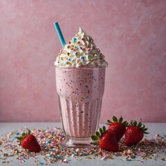 Unicorn-themed strawberry milkshake with whipped cream, chocolate curls, and edible glitter.