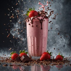 Strawberry milkshake surrounded by falling chocolate shavings and misty cold vapor.