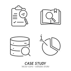 Studying information and facts icon set. Collection of case study, searching business information, analyze of product features vector flat outline icons. Editable stroke