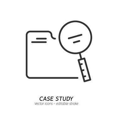 Studying information and facts single icon. Concept of case study, searching business information, analyze of product features vector flat outline icon. Editable stroke