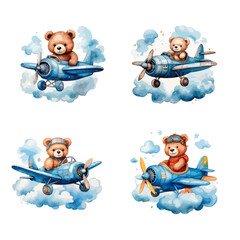 Teddy Bear on a Blue Plane - vector watercolor illustrations for Babyshower for boy, for birthday