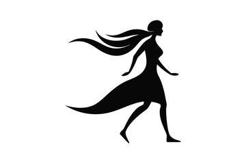 woman silhouette, flowing dress, motion blur, elegant figure, dynamic pose, minimalist art style, high contrast black and white
