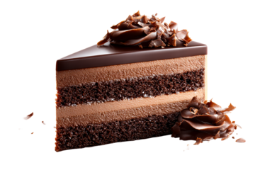 Delicious chocolate cake slice with creamy frosting and shavings