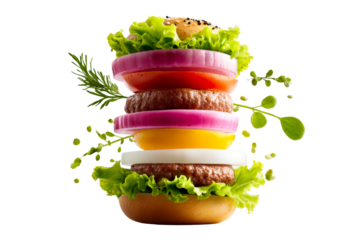 Colorful burger stack with fresh vegetables and toppings