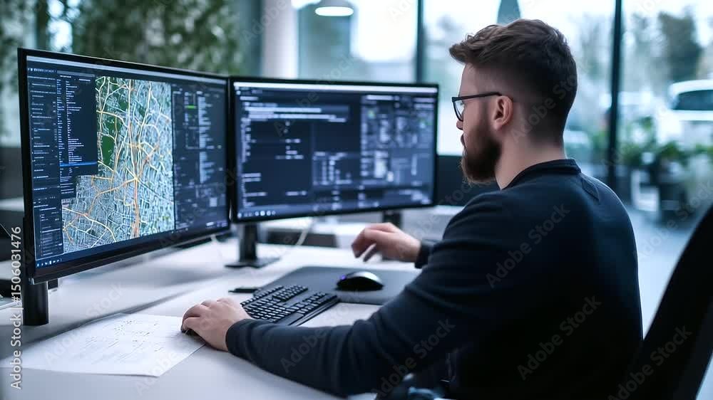 Aufkleber a man in a professional office environment, balancing transport planning tasks on two large computer