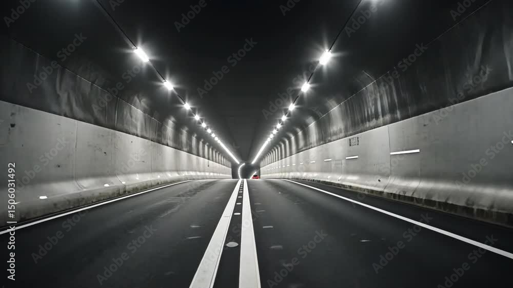 Poster illuminated dark tunnel modern perspective on asphalt roads and concrete architecture with bright li