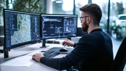 A man in a professional office environment, balancing transport planning tasks on two large computer screens, while referencing printed maps and schedules. - Powered by Adobe