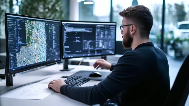 A man in a professional office environment, balancing transport planning tasks on two large computer screens, while referencing printed maps and schedules.