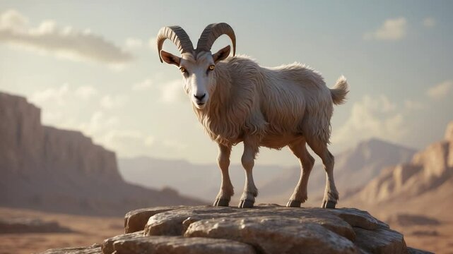 The wilderness scene of the scapegoat on a rocky cliff