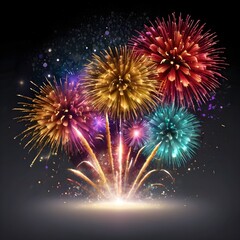 Vector decorative border with colorful exploding fireworks in the sky on transparent background - celebration card, festival banner