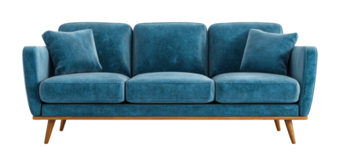 Modern blue sofa design for living room stylish furniture cozy home environment interior view isolated on transparent background