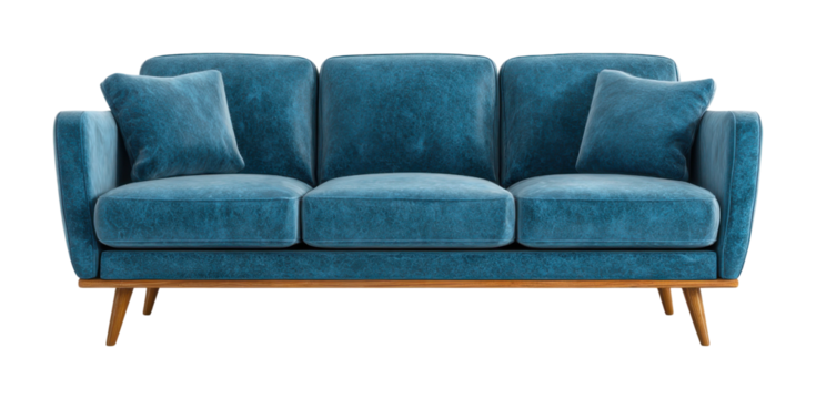 Modern blue sofa design for living room stylish furniture cozy home environment interior view isolated on transparent background